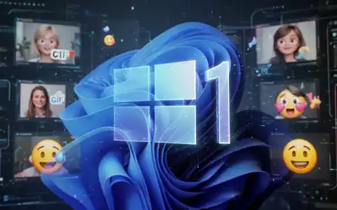 Holografisches Windows 11-Logo mit animierten GIFs und Emojis im Hintergrund, die einen technischen Übergang im Emoji-Panel darstellen. - Foto: über boerse-global.de