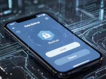 Ein Smartphone-Bildschirm mit Daten-Backup- und Wiederherstellungs-Oberfläche, abstrakte digitale Elemente deuten Systemprozesse an. - Foto: über boerse-global.de