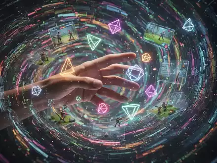 Eine digitale Hand interagiert mit einem wirbelnden Datenstrudel, aus dem Minispiele und leuchtende Formen hervorgehen, die KI-Kreativität symbolisieren. - Foto: über boerse-global.de