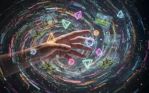 Eine digitale Hand interagiert mit einem wirbelnden Datenstrudel, aus dem Minispiele und leuchtende Formen hervorgehen, die KI-Kreativität symbolisieren. - Foto: über boerse-global.de