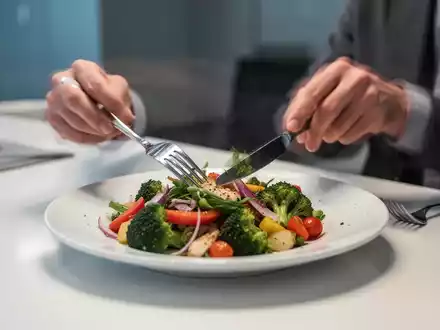 Nahaufnahme von Händen, die Besteck über einem Teller mit gesundem, farbenfrohem Essen halten, mit Bewegungsunschärfe, die langsames Essen andeutet. - Foto: über boerse-global.de