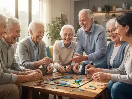 Senioren und eine jüngere Person spielen ein Brettspiel, das geistige Fitness und soziale Interaktion symbolisiert. - Foto: über boerse-global.de