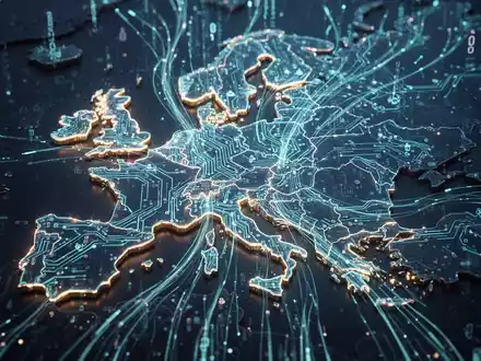 Leuchtende Leiterplatte umreißt Europa, digitale Datenströme fließen ein, symbolisiert KI-Regulierung und Compliance. - Foto: über boerse-global.de