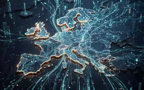 Leuchtende Leiterplatte umreißt Europa, digitale Datenströme fließen ein, symbolisiert KI-Regulierung und Compliance. - Foto: über boerse-global.de