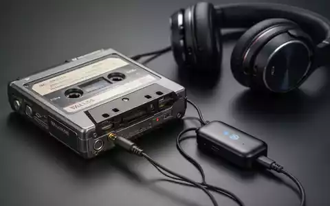 Ein tragbarer Kassettenrekorder mit Bluetooth-Adapter und kabellosen Kopfhörern im Hintergrund. - Foto: über boerse-global.de