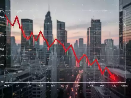 Ein Börsendiagramm, das einen Rückgang von 15 Prozent über eine Woche zeigt, mit einem verschwommenen Finanzviertel im Hintergrund. - Foto: über boerse-global.de