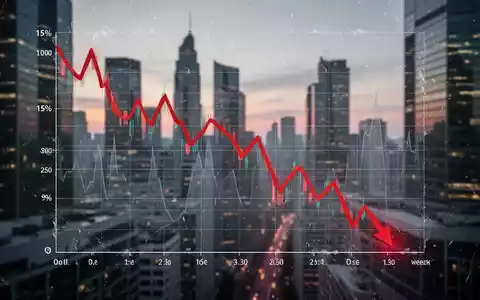 Ein Börsendiagramm, das einen Rückgang von 15 Prozent über eine Woche zeigt, mit einem verschwommenen Finanzviertel im Hintergrund. - Foto: über boerse-global.de