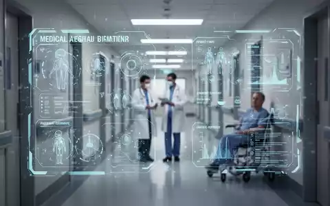 Holografische medizinische Schnittstelle mit Patientendaten, Arzt und Patient im Hintergrund in einem Krankenhausflur. - Foto: über boerse-global.de