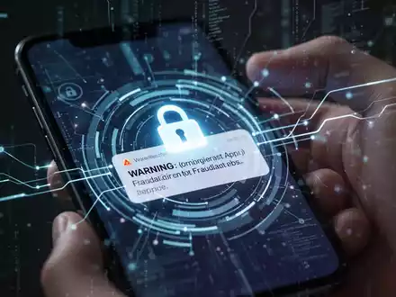 Ein Smartphone-Bildschirm zeigt eine Warnmeldung zu einer betrügerischen App mit einem Schloss-Symbol und digitalen Sicherheitselementen. - Foto: über boerse-global.de