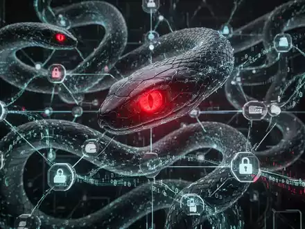 Abstrakte Darstellung von Cyber-Spionage: Leuchtende digitale Schlangen winden sich um ein stilisiertes Computernetzwerk, Binärcode fließt durch Datenknoten. - Foto: über boerse-global.de
