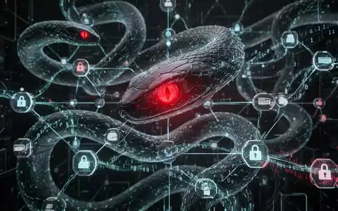 Abstrakte Darstellung von Cyber-Spionage: Leuchtende digitale Schlangen winden sich um ein stilisiertes Computernetzwerk, Binärcode fließt durch Datenknoten. - Foto: über boerse-global.de