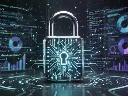 Leuchtendes digitales Vorhängeschloss, umgeben von Codezeilen und Daten, symbolisiert KI-gestützte Cybersicherheit und Schwachstellenerkennung. - Foto: über boerse-global.de