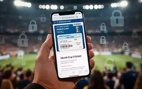 Eine Hand hält ein Smartphone mit einer betrügerischen WM-Ticket-Website, im Hintergrund verschwommene Stadionmenge. - Foto: über boerse-global.de