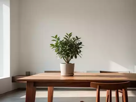 Ein minimalistisch eingerichteter Raum mit klaren Linien, natürlichem Licht und einer einzelnen Pflanze auf einem Holztisch. - Foto: über boerse-global.de