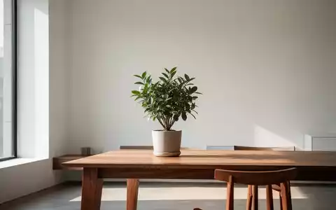 Ein minimalistisch eingerichteter Raum mit klaren Linien, natürlichem Licht und einer einzelnen Pflanze auf einem Holztisch. - Foto: über boerse-global.de