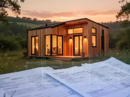 Ein modernes, nachhaltiges Tiny House aus Holz in einer grünen Landschaft bei Sonnenuntergang, mit warmem Licht aus den Fenstern. - Foto: über boerse-global.de