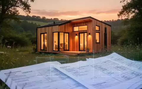 Ein modernes, nachhaltiges Tiny House aus Holz in einer grünen Landschaft bei Sonnenuntergang, mit warmem Licht aus den Fenstern. - Foto: über boerse-global.de