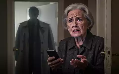 Eine Ă€ltere Frau am Telefon, die besorgt und verwirrt aussieht, mit der schemenhaften Gestalt eines Kuriers an der TĂŒr. - Foto: ĂŒber boerse-global.de