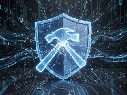 Glühendes blaues Hammersymbol zertrümmert einen digitalen Schild, symbolisiert kritische Windows-Defender-Sicherheitslücke. - Foto: über boerse-global.de