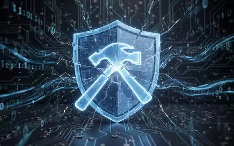 Glühendes blaues Hammersymbol zertrümmert einen digitalen Schild, symbolisiert kritische Windows-Defender-Sicherheitslücke. - Foto: über boerse-global.de