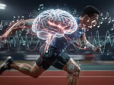 Ein stilisiertes Gehirn mit leuchtenden neuronalen Pfaden über einem sich bewegenden Sportler, mit musikalischen Noten und Schallwellen. - Foto: über boerse-global.de
