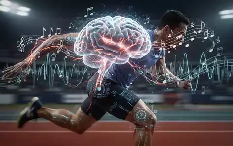 Ein stilisiertes Gehirn mit leuchtenden neuronalen Pfaden über einem sich bewegenden Sportler, mit musikalischen Noten und Schallwellen. - Foto: über boerse-global.de