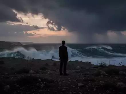 Eine einzelne, silhouettierte Figur steht auf einer windgepeitschten sizilianischen Landschaft und blickt auf ein turbulentes Meer. - Foto: über boerse-global.de