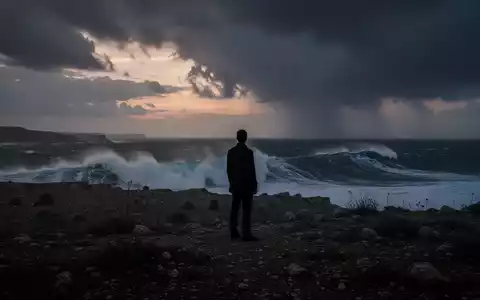 Eine einzelne, silhouettierte Figur steht auf einer windgepeitschten sizilianischen Landschaft und blickt auf ein turbulentes Meer. - Foto: über boerse-global.de