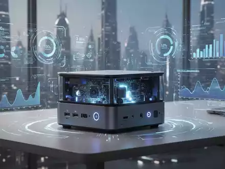 Schlanker, moderner Mini-PC mit leuchtenden Innenkomponenten und holografischen Daten auf einem minimalistischen Schreibtisch. - Foto: über boerse-global.de