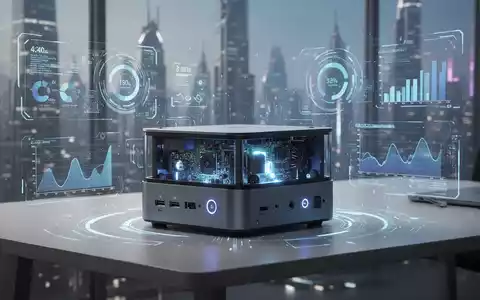 Schlanker, moderner Mini-PC mit leuchtenden Innenkomponenten und holografischen Daten auf einem minimalistischen Schreibtisch. - Foto: über boerse-global.de