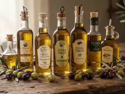 Eine elegante Stillleben-Anordnung von Olivenölflaschen, Oliven und Olivenzweigen auf einem rustikalen Holztisch. - Foto: über boerse-global.de