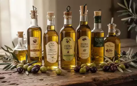 Eine elegante Stillleben-Anordnung von Olivenölflaschen, Oliven und Olivenzweigen auf einem rustikalen Holztisch. - Foto: über boerse-global.de