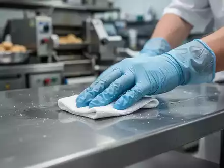 Eine Nahaufnahme einer behandschuhten Hand, die eine Edelstahloberfläche in einer Großküche reinigt, mit verschwommenen Geräten im Hintergrund. - Foto: über boerse-global.de