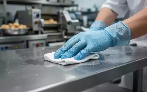 Eine Nahaufnahme einer behandschuhten Hand, die eine Edelstahloberfläche in einer Großküche reinigt, mit verschwommenen Geräten im Hintergrund. - Foto: über boerse-global.de