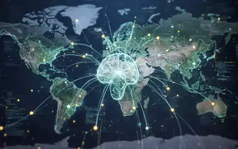 Eine futuristische KI-Netzwerk-Oberfläche über einer Weltkarte, die Datenströme und globale Informationsverarbeitung darstellt. - Foto: über boerse-global.de