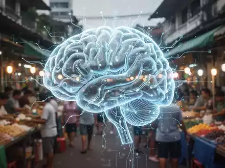Leuchtendes digitales Gehirn mit neuronalen Bahnen über einem belebten südostasiatischen Markt, Symbol für KI und E-Commerce. - Foto: über boerse-global.de