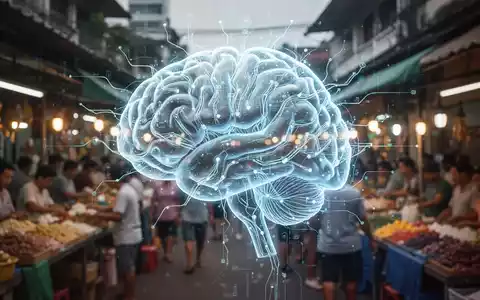 Leuchtendes digitales Gehirn mit neuronalen Bahnen über einem belebten südostasiatischen Markt, Symbol für KI und E-Commerce. - Foto: über boerse-global.de
