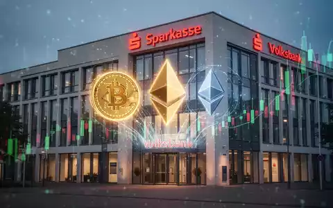 Digitale Darstellungen von Bitcoin- und Ethereum-Symbolen, die aus einem modernen Bankgebäude in Deutschland aufsteigen. - Foto: über boerse-global.de