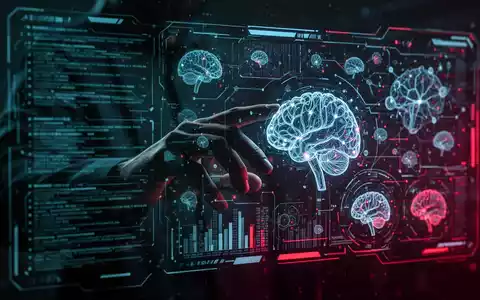 Eine schattenhafte Hand interagiert mit einem holografischen Interface, das KI-Netzwerke und Datenströme darstellt, Symbol für Cyberkriminalität. - Foto: über boerse-global.de