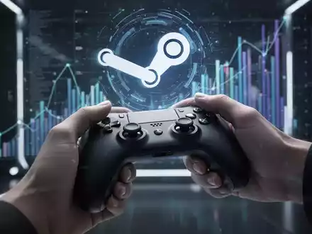 Eine Hand hĂ€lt einen modernen Gaming-Controller vor einem verschwommenen Hintergrund mit futuristischen Datenprojektionen. - Foto: ĂŒber boerse-global.de
