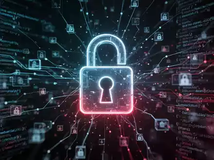 Leuchtendes Vorhängeschloss-Symbol über komplexer digitaler Netzwerkvisualisierung, die einen mehrstufigen E-Mail-Phishing-Angriff und eine Cybersicherheitsbedrohung darstellt. - Foto: über boerse-global.de