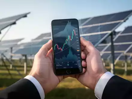 Eine Hand im Anzug hält ein Smartphone mit Börsenkursen und einem stilisierten Solarpark im Hintergrund. - Foto: über boerse-global.de
