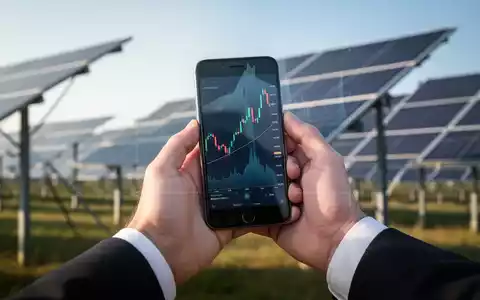 Eine Hand im Anzug hält ein Smartphone mit Börsenkursen und einem stilisierten Solarpark im Hintergrund. - Foto: über boerse-global.de