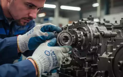 Nahaufnahme von Händen, die in Schutzhandschuhen ein komplexes Maschinenteil in einer Industrieumgebung untersuchen. - Foto: über boerse-global.de