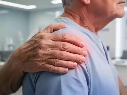Eine Nahaufnahme der Hand einer älteren Person, die ihre Schulter berührt, was auf Gelenkschmerzen oder Bewegungseinschränkungen hindeutet. - Foto: über boerse-global.de