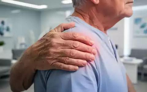 Eine Nahaufnahme der Hand einer älteren Person, die ihre Schulter berührt, was auf Gelenkschmerzen oder Bewegungseinschränkungen hindeutet. - Foto: über boerse-global.de