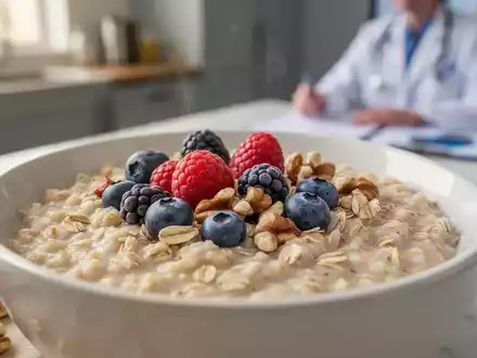 Eine Nahaufnahme einer Schüssel Haferflocken mit Beeren und Nüssen, die gesunde Ernährung und Darmgesundheit symbolisiert. - Foto: über boerse-global.de