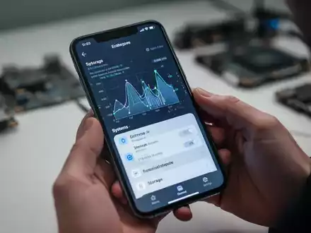 Nahaufnahme eines Smartphone-Bildschirms mit Systemdaten oder Speichereinstellungen, gehalten von Händen, in professioneller, fokussierter Umgebung. - Foto: über boerse-global.de
