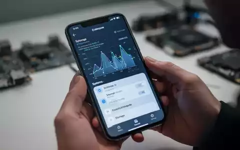 Nahaufnahme eines Smartphone-Bildschirms mit Systemdaten oder Speichereinstellungen, gehalten von Händen, in professioneller, fokussierter Umgebung. - Foto: über boerse-global.de