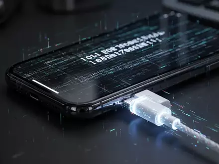 Älteres iPhone-Modell mit leuchtendem Datenkabel, Bildschirm zeigt abstrakten Code, symbolisiert Hardware-Sicherheitslücke. - Foto: über boerse-global.de